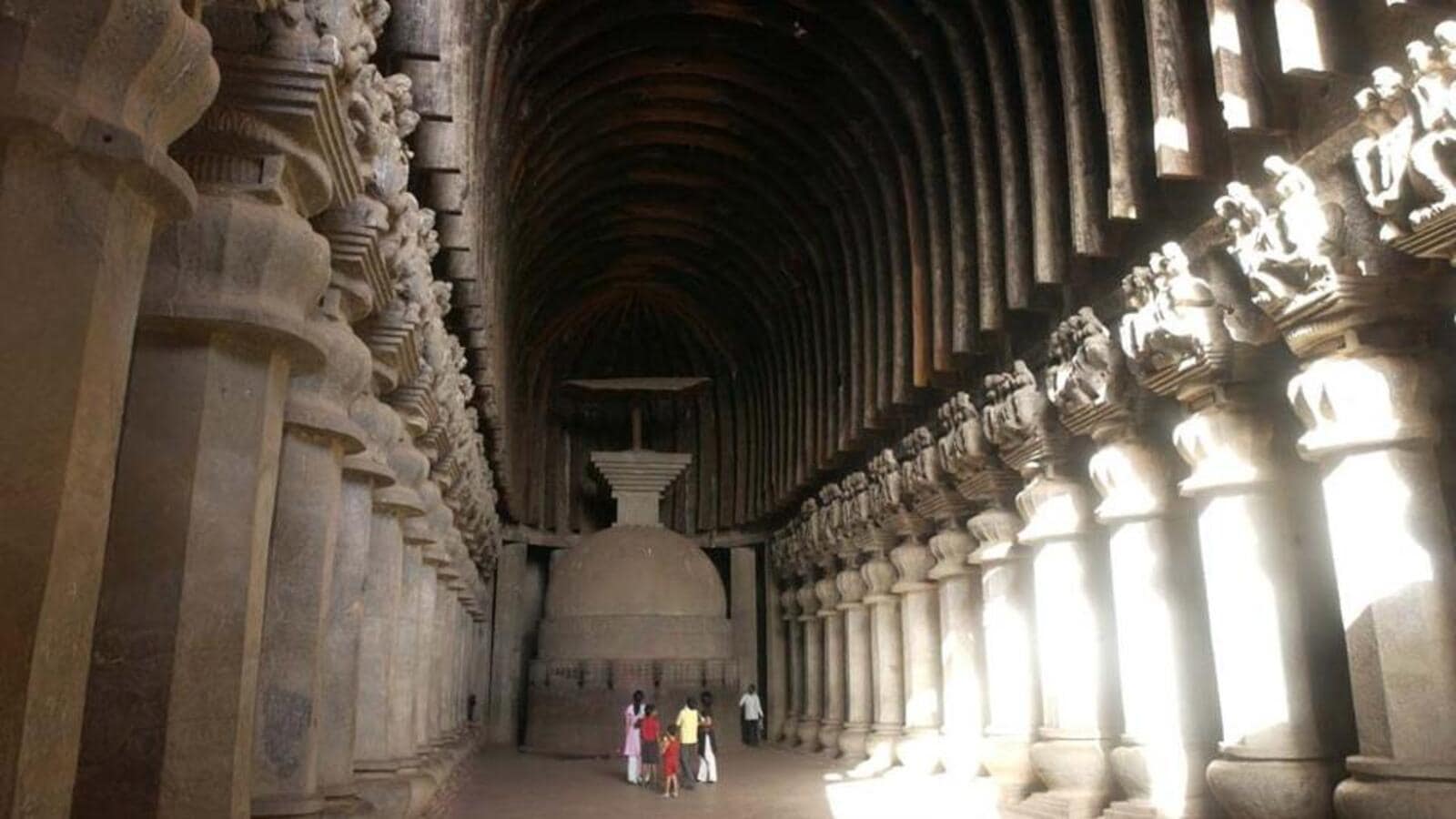 Corridor for circumbulation. Chaitya hall, Karla Caves, Pune dist.  Maharashtra, India. - SuperStock