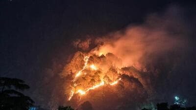A pine forest up in flames at Darnu on the outskirts of Dharamshala town. With the mercury shooting up above normal due to the prolonged dry spell, the forest fires are wreaking havoc in Himachal. Jal shakti minister Mahender Singh Thakur said the deficit rainfall has hit 550 drinking water supply schemes in the state. (HT Photo) A pine forest up in flames at Darnu on the outskirts of Dharamshala town. With the mercury shooting up above normal due to the prolonged dry spell, the forest fires are wreaking havoc in Himachal. Jal shakti minister Mahender Singh Thakur said the deficit rainfall has hit 550 drinking water supply schemes in the state. (HT Photo)