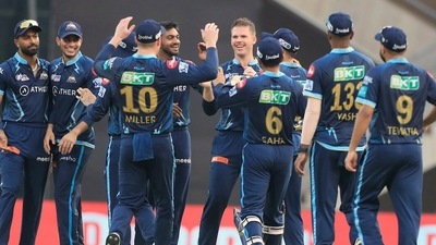 Gujarat Titans' Lockie Ferguson celebrates the dismissal of Kolkata Knight Riders Nitish Rana (IPL Twitter) Gujarat Titans' Lockie Ferguson celebrates the dismissal of Kolkata Knight Riders Nitish Rana (IPL Twitter)