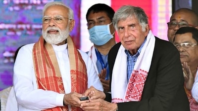 Prime Minister Narendra Modi with Industrialist Ratan Tata inaugurate the seven state-of-the-Art-Cancer-Centres and lays the foundation stone for seven new Cancer hospitals, in Dibrugarh on Thursday. (ANI Photo) (Pitamber Newar)