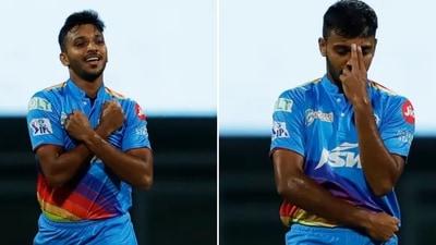 Chetan Sakariya after removing Aaron Finch (IPLt20.com)