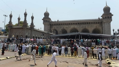 Muslim devotees offer prayers on the last Friday of Islam's Holy fasting month of Ramadan ahead of Eid al-Fitr, at Mecca Masjid in Hyderabad on April 29. (AFP) Muslim devotees offer prayers on the last Friday of Islam's Holy fasting month of Ramadan ahead of Eid al-Fitr, at Mecca Masjid in Hyderabad on April 29. (AFP)