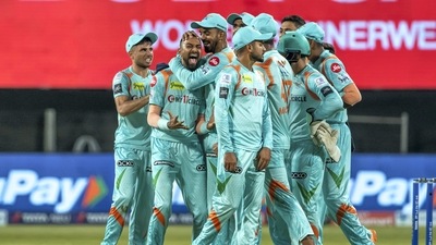 Lucknow Super Giants players celebrate the wicket of Jitesh Sharma of Punjab Kings during the IPL 2022 cricket match against Punjab Kings. (PTI) Lucknow Super Giants players celebrate the wicket of Jitesh Sharma of Punjab Kings during the IPL 2022 cricket match against Punjab Kings. (PTI)