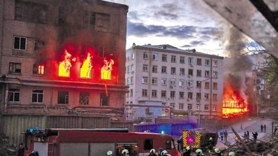 Emergency services work in the area following an explosion in Kyiv, Ukraine on Thursday. (AP)