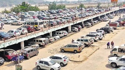 A packed multi-storey parking in Haridwar, on Friday. (HT PHOTO)