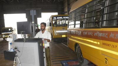School buses are being checked at the Vehicle Fitness Testing Centre in Dasna, Ghaziabad on Friday. (Sakib Ali/ HT) School buses are being checked at the Vehicle Fitness Testing Centre in Dasna, Ghaziabad on Friday. (Sakib Ali/ HT)