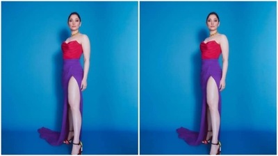 Tamannaah Bhatia played muse to the fashion designer Saisha Shinde and donned this strapless multi-coloured gown featuring a thigh-high slit. (Instagram/@tamannaahspeaks)