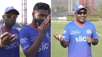 Mumbai Indians shared a laugh as Kumar Kartikeya Singh was introduced to the team. (Mumbai Indians) Mumbai Indians shared a laugh as Kumar Kartikeya Singh was introduced to the team. (Mumbai Indians)