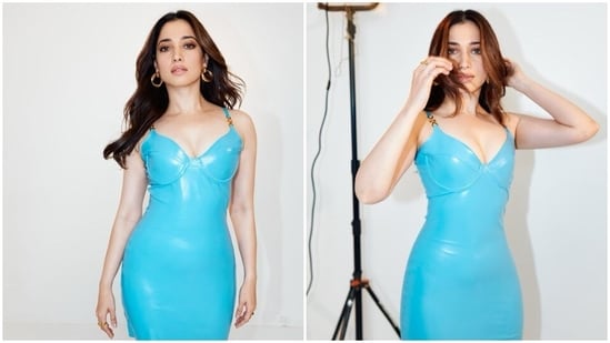 Tamannaah Bhatia manages to stand out in every outfit that she dons. She is not afraid of experimenting with her looks and her social media accounts say it all. The actor recently made a stylish appearance at an event wearing a blue latex bodycon dress.(Instagram/@tamannaahspeaks)