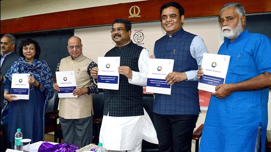 Union minister Dharmendra Pradhan, along with state ministers CN Ashwathnarayan, B C Nagesh and other dignitaries, releases the 'National Curriculum Framework', in Bengaluru. (ANI)