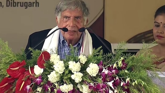 Dibrugarh, Apr 28 (ANI): Industrialist Ratan Tata speaks at the inauguration of the seven state-of-the-Art-Cancer-Centres and the foundation stone laying ceremony of seven new cancer hospitals, in Dibrugarh on Thursday.&nbsp;(ANI)