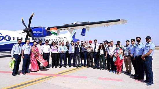 IndiGo ATR 72-600 aircraft equipped with GAGAN lands using Localiser Performance with Vertical Guidance (LPV) Approach, at Kishangarh Airport, in Ajmer.(ANI)