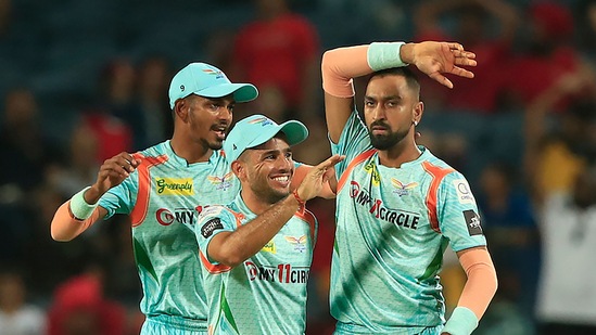 Krunal Pandya of Lucknow Super Giants celebrates the wicket of B Rajapaksa of Punjab Kings during the Indian Premier League 2022(PTI)