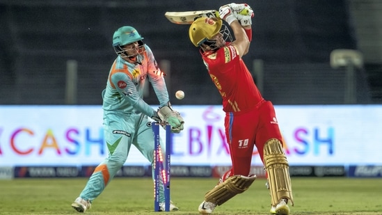 Liam Livingstone of Punjab Kings gets clean bowled on a free hit ball during the Indian Premier League 2022(PTI)