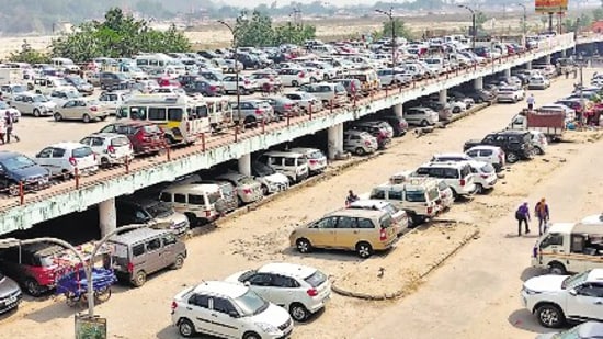 A crowded multi-storey car park in Haridwar on Friday.  (PHOTOS EXCLUDING)