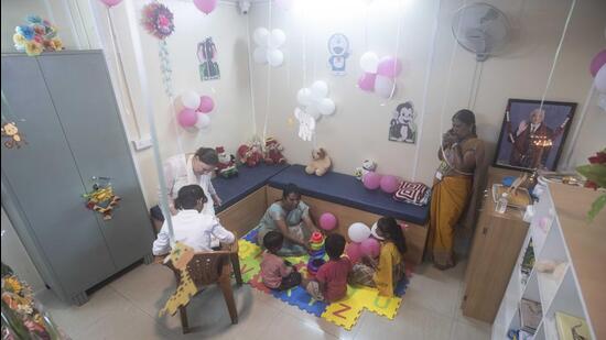 Counselling staff along with children at child friendly counselling room at Pune railway station. (Pratham Gokhale/HT Photo)