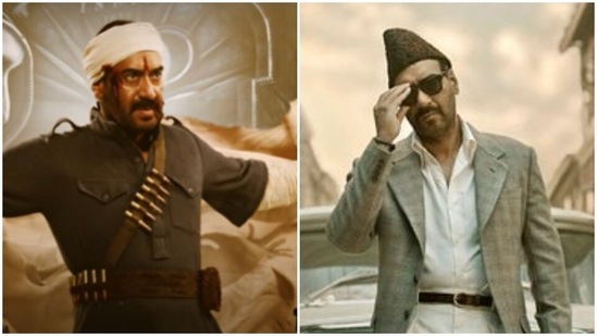 Ajay Devgn in posters from RRR and Gangubai Kathiawadi respectively.