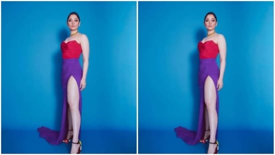 Tamannaah Bhatia played muse to the fashion designer Saisha Shinde and donned this strapless multi-coloured gown featuring a thigh-high slit.(Instagram/@tamannaahspeaks)