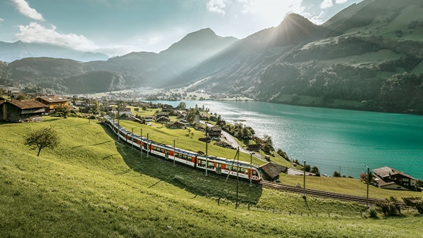 A panoramic shot of a train in Interlaken