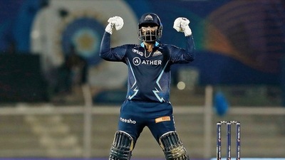 Gujarat Titans David Rahul Tewatia celebrates after winning the Indian Premier League 2022 (ANI) Gujarat Titans David Rahul Tewatia celebrates after winning the Indian Premier League 2022 (ANI)