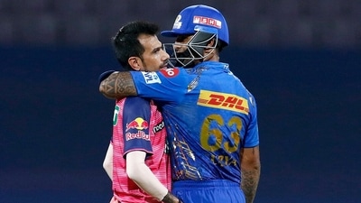 Rajasthan Royals Yuzvendra Chahal and Mumbai Indians Suryakumar Yadav during the Indian Premier League 2022 cricket match between Rajasthan Royals and Mumbai Indians, at the DY Patil Stadium in Mumbai on Saturday.&nbsp; (ANI)