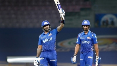 Mumbai Indians Suryakumar Yadav celebrates his half century during the Indian Premier League 2022 cricket match between Rajasthan Royals and Mumbai Indians, at the DY Patil Stadium in Mumbai on Saturday.&nbsp; (ANI)