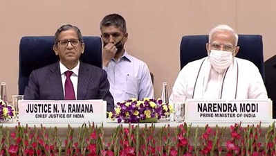 PM Modi addrresed a rare event in Delhi, which was attended by Chief Justice NV Ramana also. (screengrab from video shared by PIB on YouTube)&nbsp;