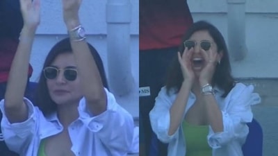 Anushka Sharma cheers during Kohli's half-century during GT vs RCB game Anushka Sharma cheers during Kohli's half-century during GT vs RCB game