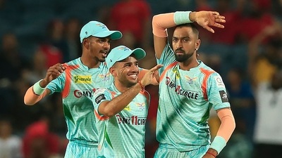 Krunal Pandya of Lucknow Super Giants celebrates the wicket of B Rajapaksa of Punjab Kings (PTI) Krunal Pandya of Lucknow Super Giants celebrates the wicket of B Rajapaksa of Punjab Kings (PTI)