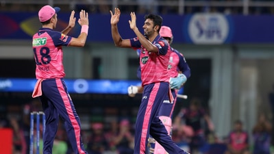 R. Ashwin of Rajasthan Royals celebrates the wicket of Rohit Sharma, captain of Mumbai Indians, during the Indian Premier League 2022 cricket match between Rajasthan Royals and Mumbai Indians, at the DY Patil Stadium in Mumbai, Saturday, April 30, 2022.&nbsp; (PTI)