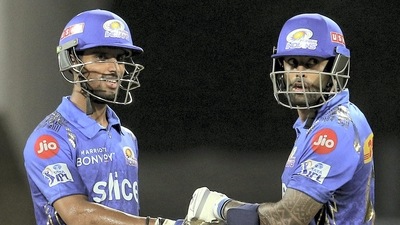 N. Tilak Varma and Suryakumar Yadav of Mumbai Indians during the Indian Premier League 2022 cricket match between Rajasthan Royals and Mumbai Indians, at the DY Patil Stadium in Mumbai, Saturday, April 30, 2022. (PTI)