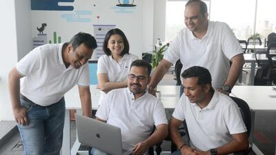 (From left, standing) Dhananjaya Shetty, Manjari Sharma, Nitish Rai; (From left, sitting) Sandeep Mukhopadhyay and Vikas Singh, co-founders of FreightFox at Vimannagar, on Thursday. (Shankar Narayan/HT PHOTO) (From left, standing) Dhananjaya Shetty, Manjari Sharma, Nitish Rai; (From left, sitting) Sandeep Mukhopadhyay and Vikas Singh, co-founders of FreightFox at Vimannagar, on Thursday. (Shankar Narayan/HT PHOTO)