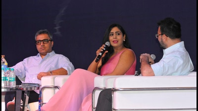 Prominent entrepreneurs Ashneer Grover and Ghazal Alagh (right) during the panel discussion at TiECON 2022 in Chandigarh on Saturday. (HT Photo) Prominent entrepreneurs Ashneer Grover and Ghazal Alagh (right) during the panel discussion at TiECON 2022 in Chandigarh on Saturday. (HT Photo)