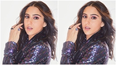 Sara paired a sequined bralette with a satin shimmery jacket and a pair of sequined shorts. The jacket featured a tie around detail at the waist in black satin belt. (Instagram/@saraalikhan95)