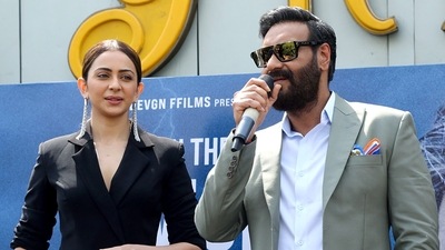 Ajay Devgn and Rakul Preet Singh during the second trailer launch of their film Runway 34, at PVR Plaza, Connaught Place, in New Delhi. (Pallav Paliwal ) Ajay Devgn and Rakul Preet Singh during the second trailer launch of their film Runway 34, at PVR Plaza, Connaught Place, in New Delhi. (Pallav Paliwal )