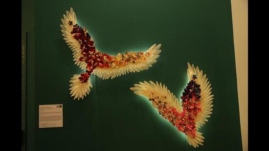 Forest-themed origami works by Ankon Mitra are on view. (Photo: Manoj Verma/HT)