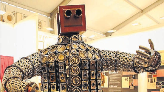 The ongoing 13th edition of India Art Fair at NSIC Grounds, features this life-size installation made of junk metal and old analogue cameras by artist Gopal Namjoshi, as part of the Museo Camera booth. (Photo: Manoj Verma/HT)