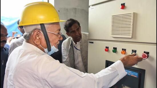 Bihar chief minister Nitish Kumar launches the country's first greenfield grain-based ethanol plant in Purnia on Saturday. (PTI PHOTO.)