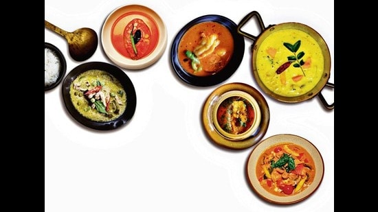 Any spiced dish with a gravy, of Indian origin or influence, cooked in a pot, qualifies as a curry, Sukhadwala says. (Clockwise from bottom right) Curries from Malaysia, Thailand, Goa, Bengal, the Malabar coast, and Assam. (HT Archives)