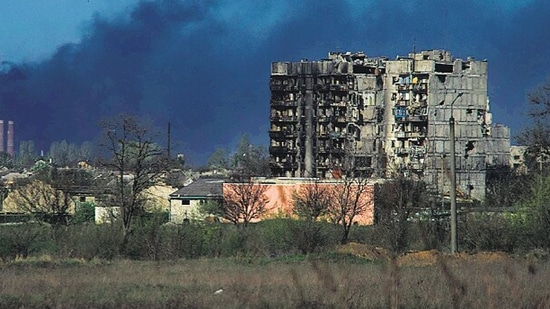 Smoke rises from the grounds of the Azovstal steel plant in the city of Mariupol, Ukraine on Friday. (AFP)