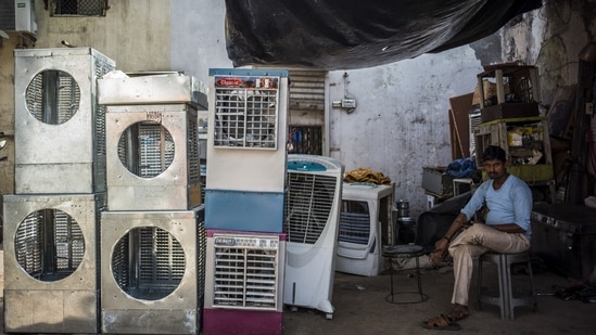 Air-coolers for sale in New Delhi. India is experiencing a heat wave, with the country's average temperature reaching almost 33 degrees Celsius in March, the highest on record for the month since authorities started collecting the data in 1901.(Bloomberg)