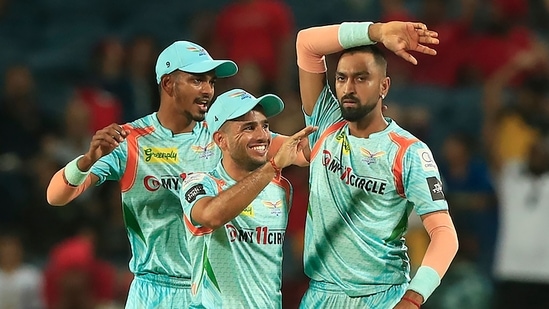 Krunal Pandya of Lucknow Super Giants celebrates the wicket of B Rajapaksa of Punjab Kings(PTI)