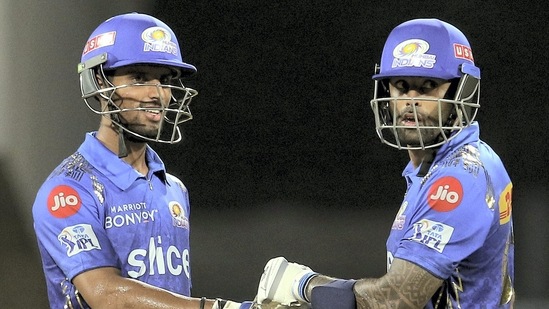 N. Tilak Varma and Suryakumar Yadav of Mumbai Indians during the Indian Premier League 2022 cricket match between Rajasthan Royals and Mumbai Indians, at the DY Patil Stadium in Mumbai, Saturday, April 30, 2022.(PTI)