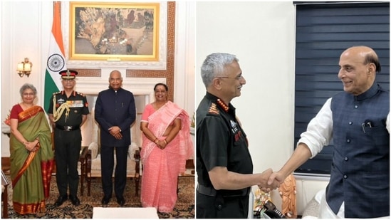 Outgoing Army chief General Manoj Mukund Naravane with President Ram Nath Kovind and First Lady Savita Kovind at the Rashtrapati Bhavan. (Right) General Naravane with defence minister Rajnath Singh.&nbsp;(Twitter/Rashtrapati Bhavan, Rajnath Singh)