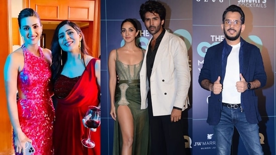 Kriti Sanon, Ghazal Alagh, Kiara Advani, Kartik Aaryan and Aman Gupta at the GQ event on Friday. (Varinder Chawla)