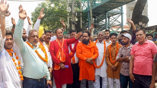 Shiv Sena (Hindustan) national president Pawan Kumar Gupta outside Kali Mata temple, a day after clashes broke out between two groups, in Patiala, Saturday, April 30, 2022. (PTI Photo)