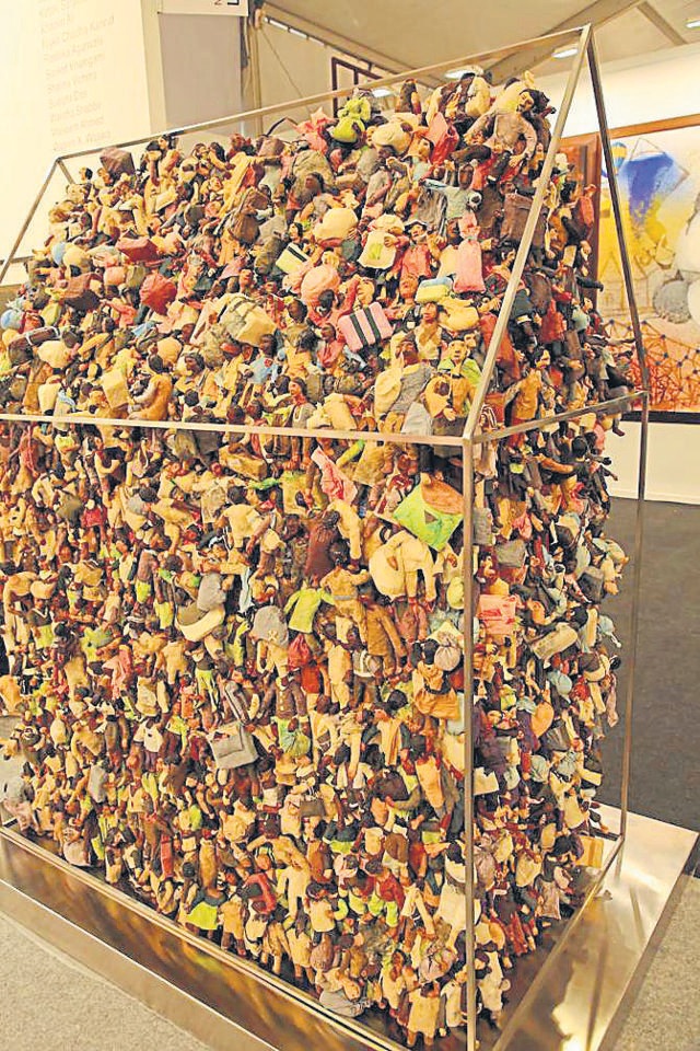 This show-stealing sculpture — Home by Sudipta Das — at Latitude 28 booth reveals how life contained indoors has become multivalent in the last two years. (Photo: Manoj Verma/HT)
