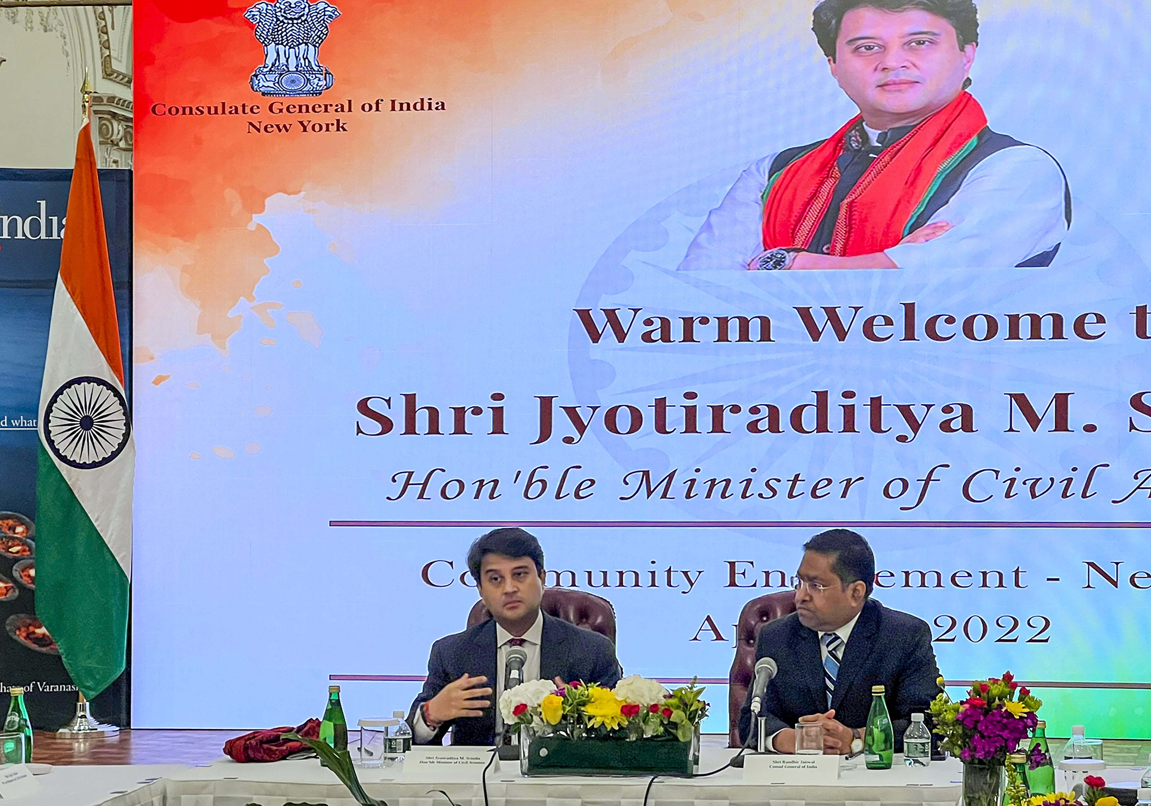 Aviation minister Jyotiraditya Scindia at an interactive session with members of the Indian diaspora, organised at the Consulate General of India in New York,on April 28, 2022. (PTI) Aviation minister Jyotiraditya Scindia at an interactive session with members of the Indian diaspora, organised at the Consulate General of India in New York,on April 28, 2022. (PTI)