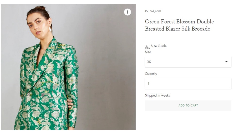 The silk brocade blazer worn by Karishma in the pictures is priced at ₹54,650 in the designer house’s official website.(https://www.suketdhir.com/)