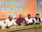 New Delhi: Delhi BJP President Adesh Gupta addresses a press conference, in the presence of Leader of Opposition (LoP) Ramvir Singh Bidhuri, at BJP headquarters in New Delhi, Sunday, May 1, 2022. (PTI Photo/Shahbaz Khan)